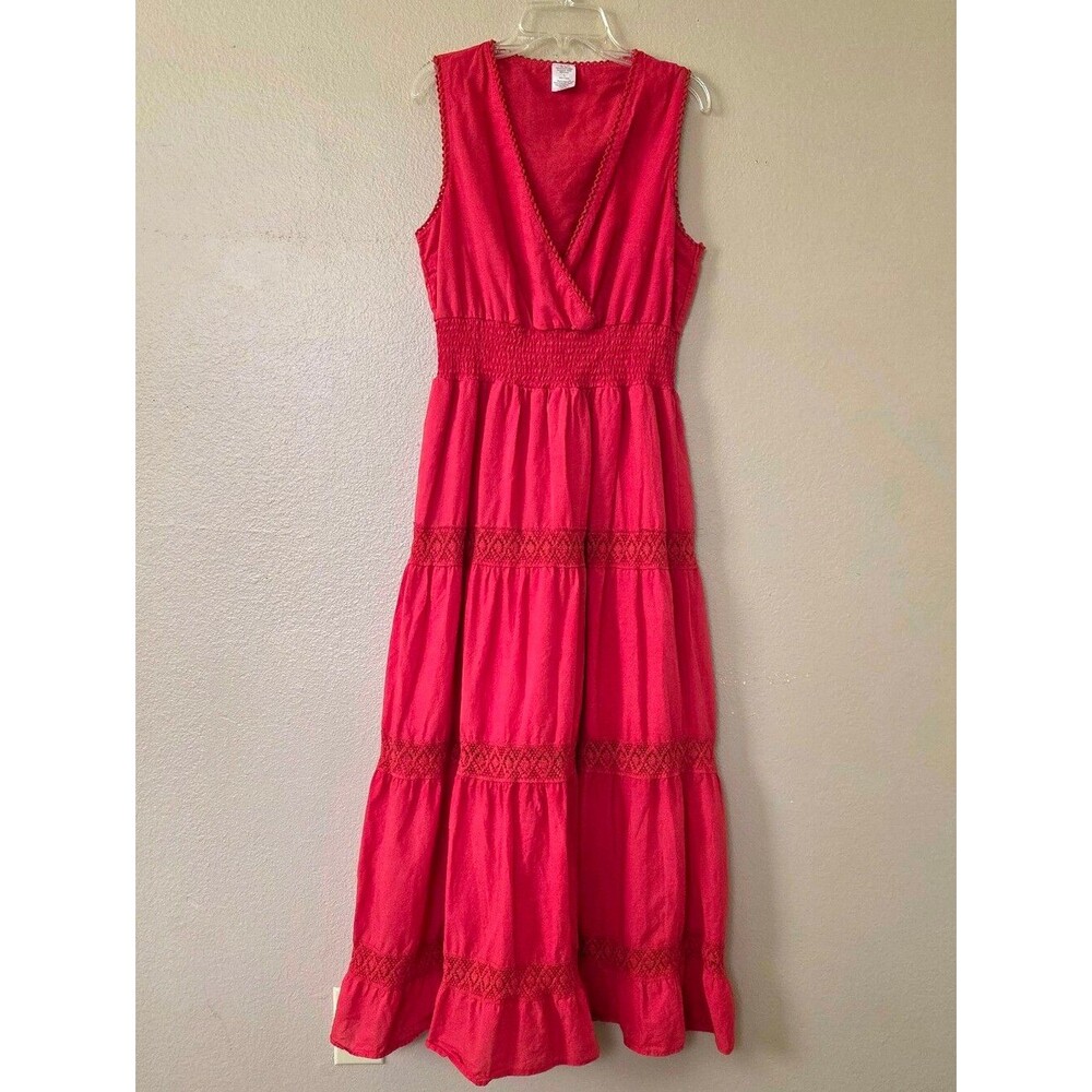Red Tiered Crochet Lace Cotton Sleeveless Midi Dress - Size Large